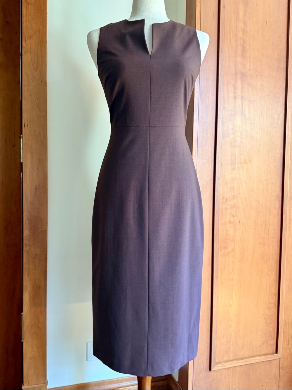 Theory Classic Sleeveless Notch-Neck Sheath Dress in Dark Brown/ Eggplant